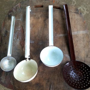 Set of 1960s Enamel and Aluminum Ladles, Includes 2 Enamel Ladles, 1 Aluminum Ladle, and 1 Strainer Spoon, Vintage Kitchen Utensils