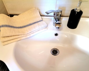 Set of 3 Vintage Hungarian White Kitchen Linen towel Tea Towels with Blue Banding, hand towel, Natural dish towel, Soft linen towel