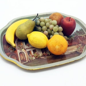 Vintage enameled fruit serving tray, personalized serving tray, wine serving tray, coffee table tray, breakfast metal tray, round tray