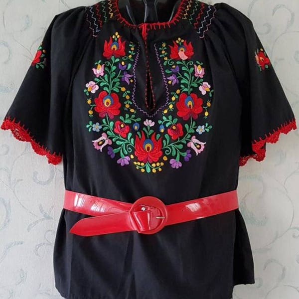 Black Kalocsa Hungarian Hand Embroidered Folk Art Blouse S, M, L, XL size, Black dress, dresses for women, Womens Blouse, Women's Clothing