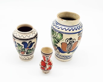 Hungarian Antique handmade Korond ceramic folk art multicolor vases, Hand painted table vase, Floor vase, Handpainted pottery vases set