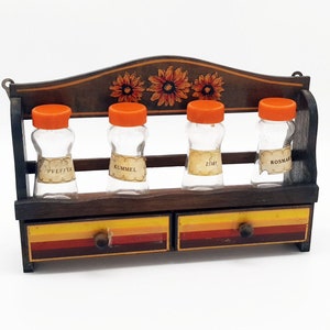 Rustic Wooden wall spice rack with drawers, Vintage kitchen furniture, 4 spice bottles, industrial furniture, essential oil shelf