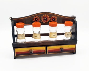 Rustic Wooden wall spice rack with drawers, Vintage kitchen furniture, 4 spice bottles, industrial furniture, essential oil shelf