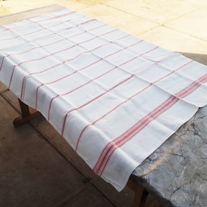 Huge Vintage Hungarian Red Square Striped style linen tablecloth, Washed natural linen tablecloth, Linen Table cloth, Rustic Table