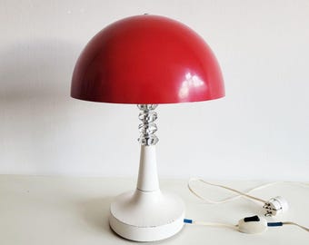 Vintage 1970s Art Deco Mushroom Lamp, Retro Red Metal Table Light, Mid-Century Modern Desk Lamp, Unique Home & Office Decor