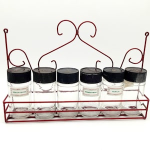 Handcrafted 1970s Vintage Red Metal Wall Spice Rack with 6 Glass Jars and Hungarian Spice Labels for a Retro Kitchen Look