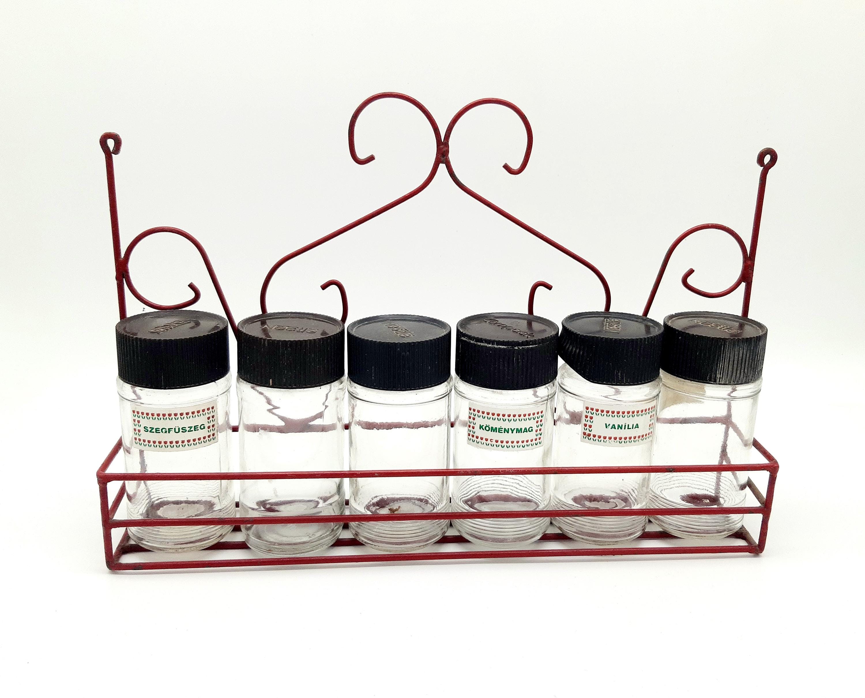 Handcrafted 1970s Vintage Red Metal Wall Spice Rack with 6 Glass Jars and Hungarian Spice Labels for a Retro Kitchen Look