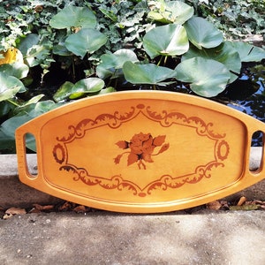 Vintage Mid-Century Hungarian Handmade Decorative Wooden Tray with Handles, Flower Pattern, trays for coffee tables, trays for table