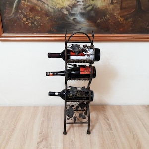Rustic Mid century hand forged metal wine rack with grape leaf and with grapes pattern 3 Bottles Holder, metal wine stand, wine cellar rack