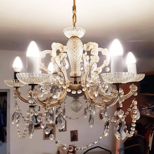 Antique Luxurious Baroque Hungarian 6 Arm Tole Chandelier with Crystal Drops Gilded Ceiling Lamp Antique Pendant Lighting, Crystal Beads
