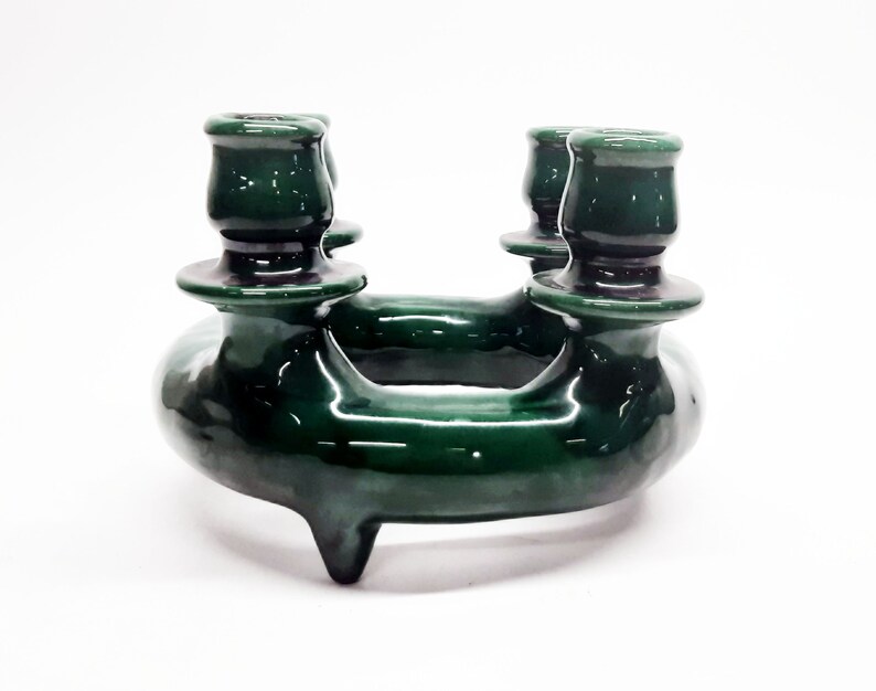 Boho Home Decor Ceramic candle holder Farmhouse Centerpiece Hungarian Korond Handmade Ceramic flower patterned green table candlestick