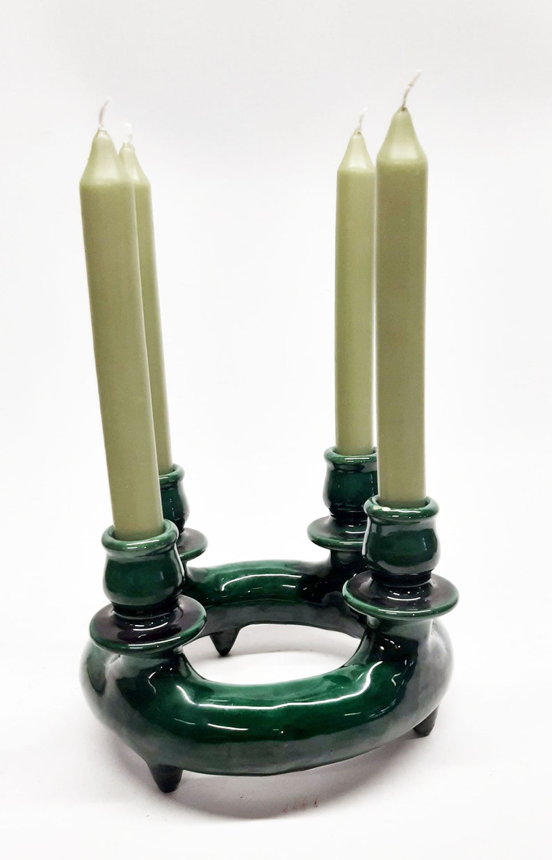 Boho Home Decor Ceramic candle holder Farmhouse Centerpiece Hungarian Korond Handmade Ceramic flower patterned green table candlestick