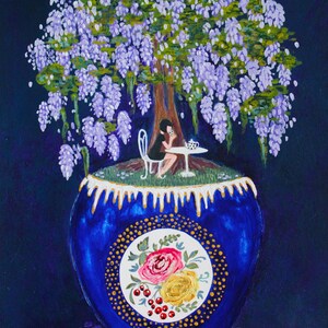 May include: A whimsical painting depicts a woman seated at a table under a wisteria tree inside a blue vase. The vase has a floral design. The wisteria has purple flowers. The background is dark blue.
