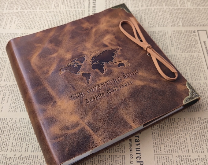 Personalized Travel Photo Album, World Map Scrapbook Album, Leather Photo Album with sleeves, Our Adventure Book, for 4x6 or 5x7 photos