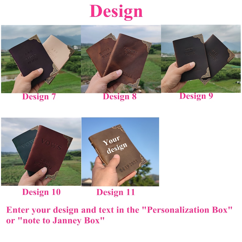 May include: Eleven different designs for leather vow books. Each book is brown with a decorative design and the word "vows" embossed on the cover. Some designs include a date and other text.