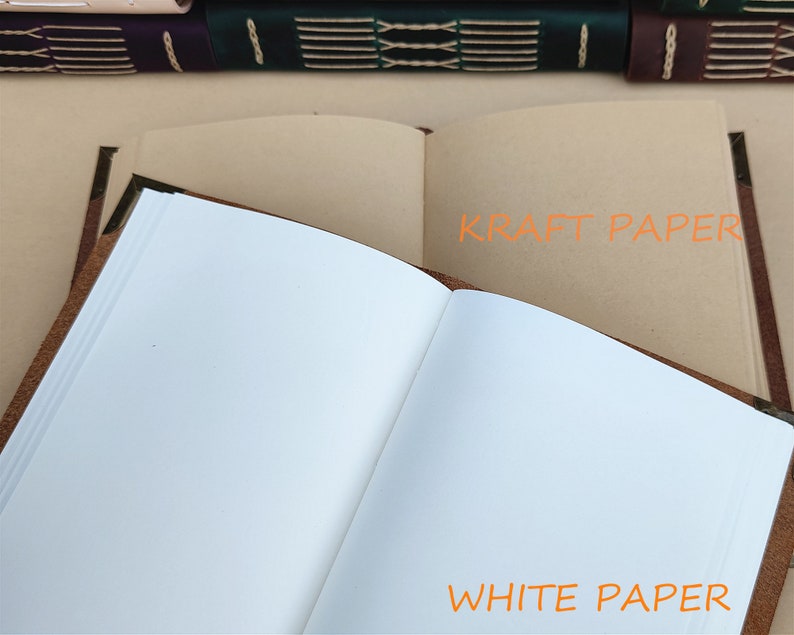 May include: Open leather-bound journal with white paper pages and a kraft paper page. The text "WHITE PAPER" and "KRAFT PAPER" are visible. Other journals are visible in the background.