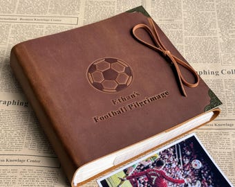 Personalized Slip in Photo Album with sleeves, Genuine Leather Football Adventure Book, Soccer Pilgrimage Memory Book, Gift for sports fans