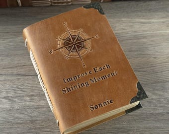 Personalized Compass Leather Journal, Custom World Map/Mountains Travel Notebook, Engraved Name Adventure Journal