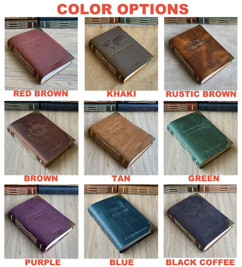 May include: A selection of leather-bound journals in various colors, including red-brown, khaki, and green. Each journal features embossed text and decorative corner accents. The text "COLOR OPTIONS" is at the top.