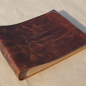 Our Adventure Book Handcrafted 11.92 x 7.62 Leather-Bound Scrapbook with 80 Pages, Embossed Lettering, Inspired by 'Up', Ideal for Photos, Weddings