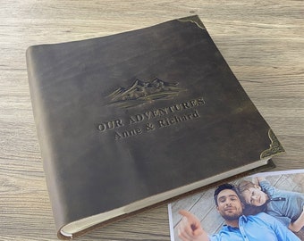 Personalised Leather Photo Album Custom slip in Scrapbook for 4x6 5x7 Photos, Our Adventure Book with Mountain Stamp, World Map Travel Album