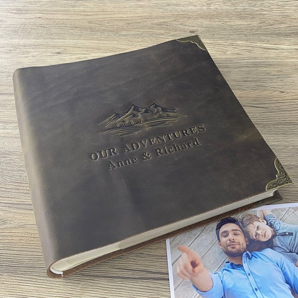 Personalised Leather Photo Album Custom slip in Scrapbook for 4x6 5x7 Photos, Our Adventure Book with Mountain Stamp, World Map Travel Album