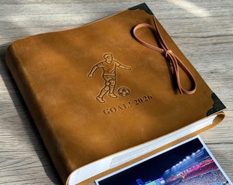 Personalized Leather Soccer Photo Album with Sleeves,  2026 Soccer Tour Memory Book, Travel Gift for Him Boy Men