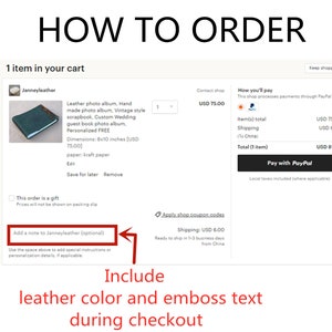 May include: A screenshot of an Etsy shop showing a green leather photo album with the text "Leather photo album, Hand made photo album, Vintage style scrapbook, Custom Wedding guest book photo album, Personalized FREE" and "Dimensions: 8x10 inches (USD 75.00)". The text "Include leather color and emboss text during checkout" is also visible.