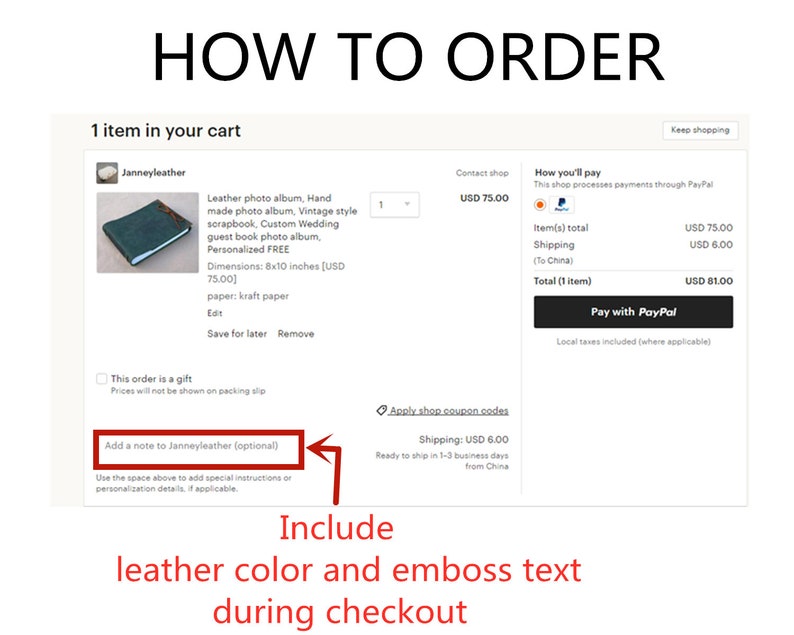 May include: A screenshot of an Etsy shop showing a green leather photo album with the text "Leather photo album, Hand made photo album, Vintage style scrapbook, Custom Wedding guest book photo album, Personalized FREE" and "Dimensions: 8x10 inches (USD 75.00)". The text "Include leather color and emboss text during checkout" is also visible.