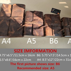 May include: Four brown leather journals with straps, labeled A4, A5, B6, and A6. The largest journal reads "Family Recipe Book" and "Est. 2023". The image includes size information: A6 is 4.75"x6.5", B6 is 5.75"x7.5", A5 is 6.5"x8.6", and A4 is 8.5"x12".