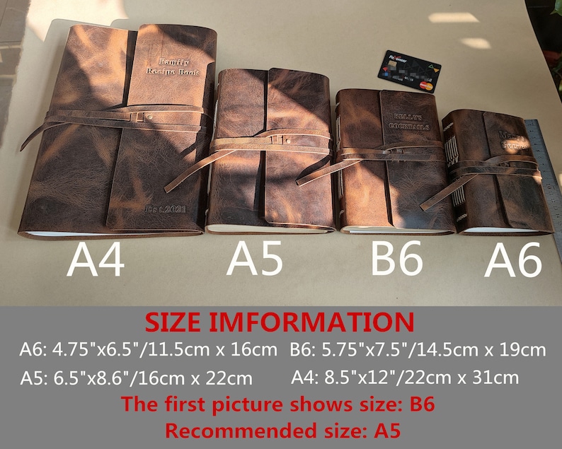 May include: Four brown leather journals with straps, labeled A4, A5, B6, and A6. The largest journal reads "Family Recipe Book" and "Est. 2023". The image includes size information: A6 is 4.75"x6.5", B6 is 5.75"x7.5", A5 is 6.5"x8.6", and A4 is 8.5"x12".