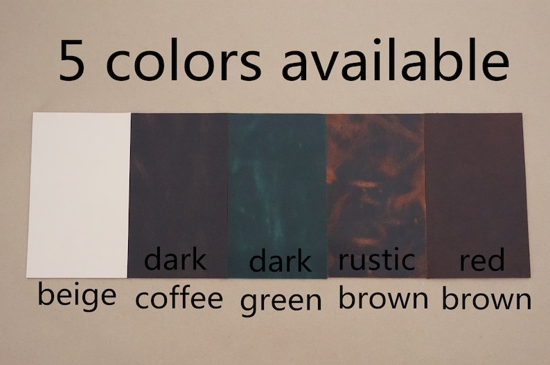 May include: Five color swatches of fabric. The colors are beige, dark coffee, dark green, rustic brown, and red brown.