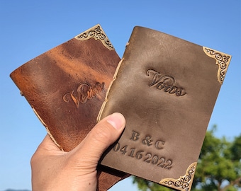 Leather Wedding Vow Books Set, Personalized Calligraphy, His and Hers