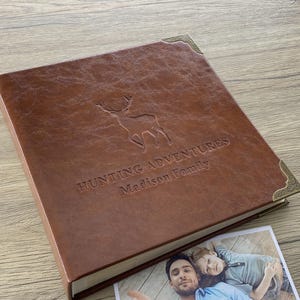 Photo Album with Deer Gift for Hunter or Fisherman, with Embossed Name and Date in Leather Cover, Slip in Album, more design options