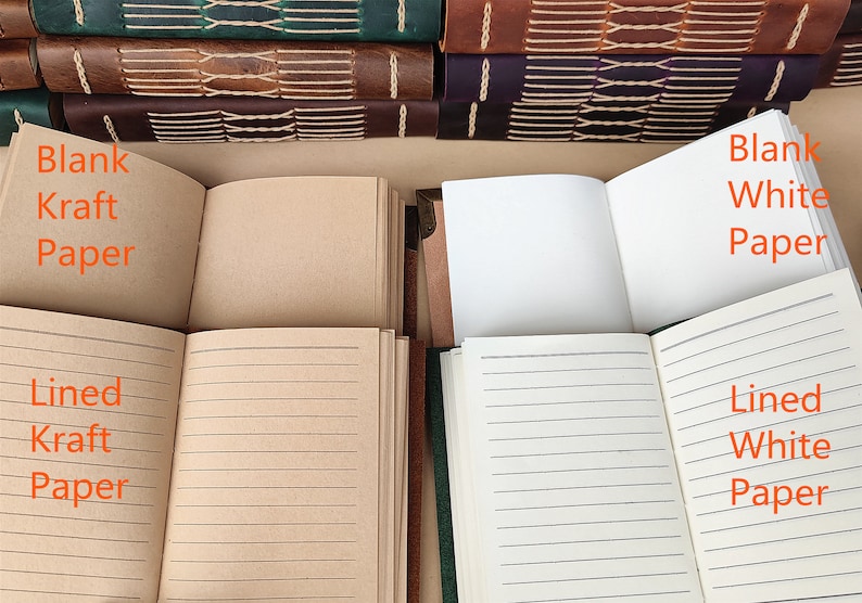 May include: Four leather-bound journals with different paper options: blank kraft paper, lined kraft paper, blank white paper, and lined white paper.
