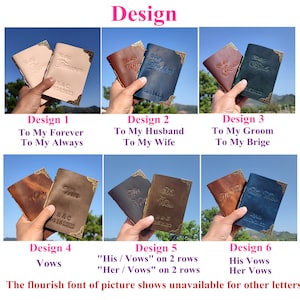 Puede incluir: Seis dise&ntilde;os diferentes para libros de votos de cuero. Cada libro tiene una inscripci&oacute;n diferente en la portada. Las inscripciones incluyen "To My Forever", "To My Husband", "To My Groom", "Vows", "His/Vows" y "Her/Vows".