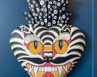 Large Wooden Heart - Asian Tiger | Wall Deco | Protection |Handmade | Flame heart| Fusion