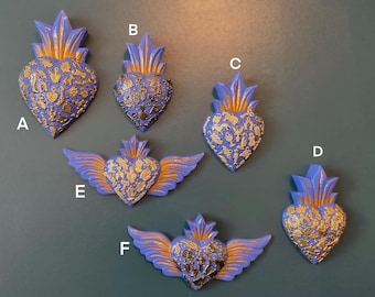 Epoxy Milagros Wooden Heart: Pacific Blue Sacred Heart Wall Decor