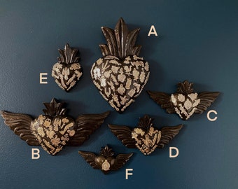 Hand-Carved Milagros Wooden Heart: Dark Bronze Sacred Heart Wall Decor
