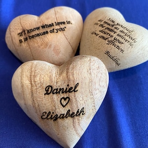 Customized message on 2 1/4&quot; Hand carved Wooden Hearts | Engraved 3D Heart | Ornament | Personalized message | Gift for him/ her/ people