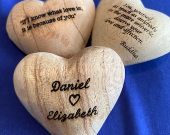 Customized message on 2 1/4&quot; Hand carved Wooden Hearts | Engraved 3D Heart | Ornament | Personalized message | Gift for him/ her/ people