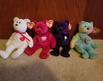 4 Super RARE Retired Beanie Babies. Valentina and Valentino, Peace bear and First addition Princess Diana.