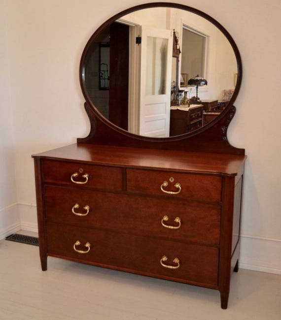 Antique Cherry Dresser With Oval Mirror Etsy