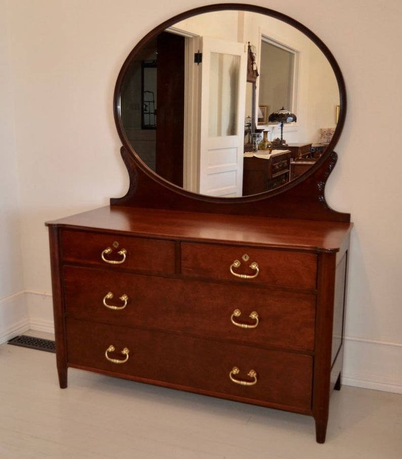 Antique Cherry Dresser With Oval Mirror