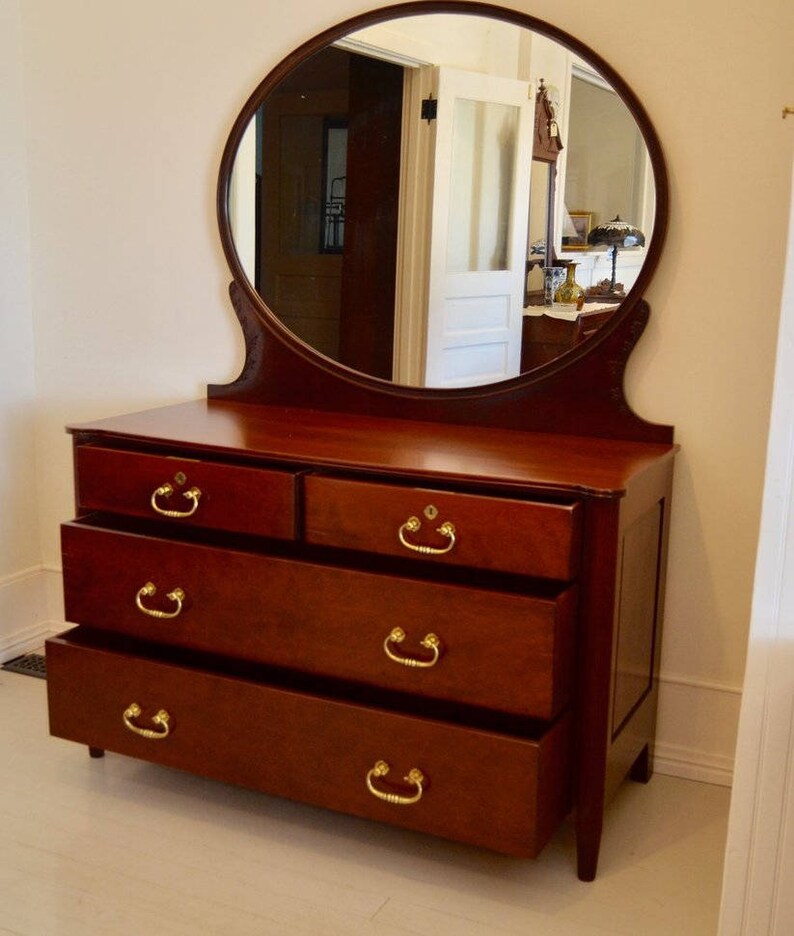Antique Cherry Dresser with Oval Mirror Etsy