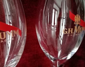 Set of 2 (pair) Vintage French Champagne Glasses by G.H. MUMM, Promotional Glassware, Vintage French Barware