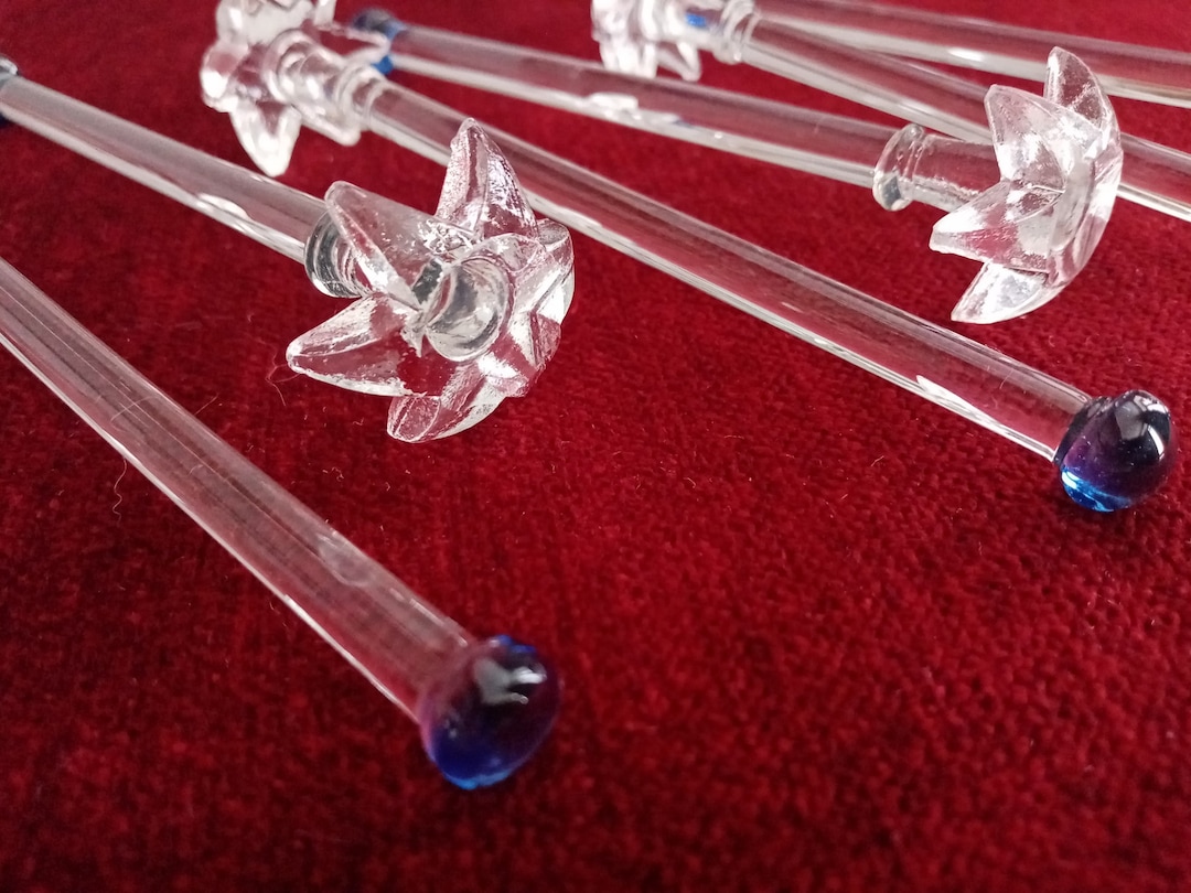 Glass Swizzle Sticks Cocktails Stirrers Vintage Solid Glass With Flower