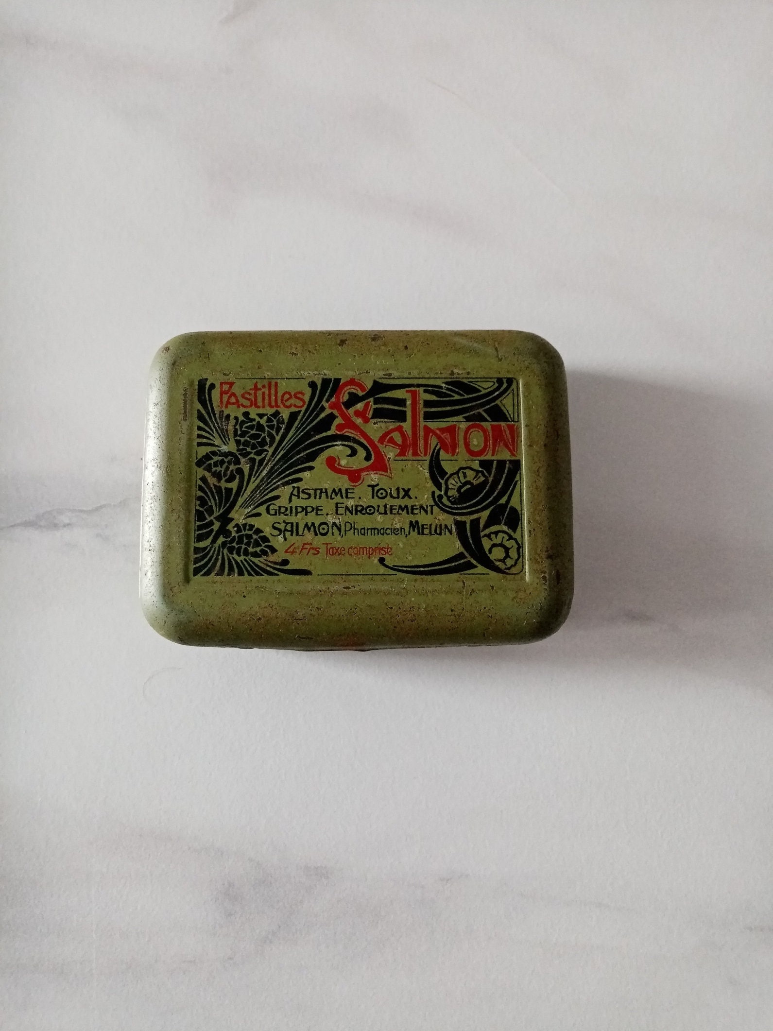 Lata de comprimido medicinal Art Déco vintage lata pintada à francesa