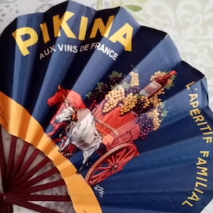 Ventaglio di carta francese vintage, ventaglio di carta Picon Pikina, ventaglio di carta pubblicitario, ventaglio di carta francese alla moda, ventaglio di carta da donna vintage