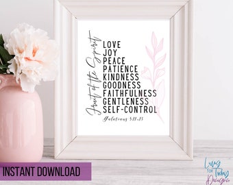 Christliche Wandkunst, Früchte des Geistes druckbare Wandkunst, Galater 5: 22-23, Schrift-Druck-Download, christliches Dekor, horizontaler Bibelvers